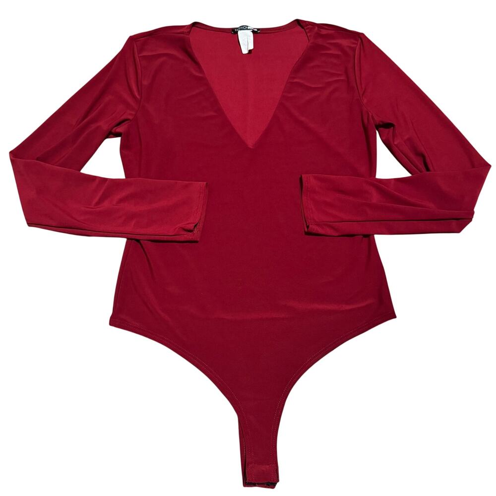 Fashion Nova Burgundy Long Sleeve Deep V-Neck Thong Bodysuit Fits Womens S/M